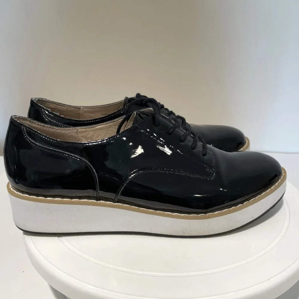 Steve Madden Patent Leather Oxford Shoes Women's 6 Black Platform Dark Academia